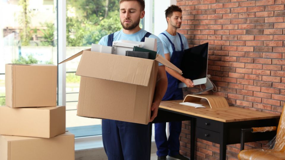 Two professional movers in blue overalls packing and moving office equipment and cardboard boxes in a Fairfield office.